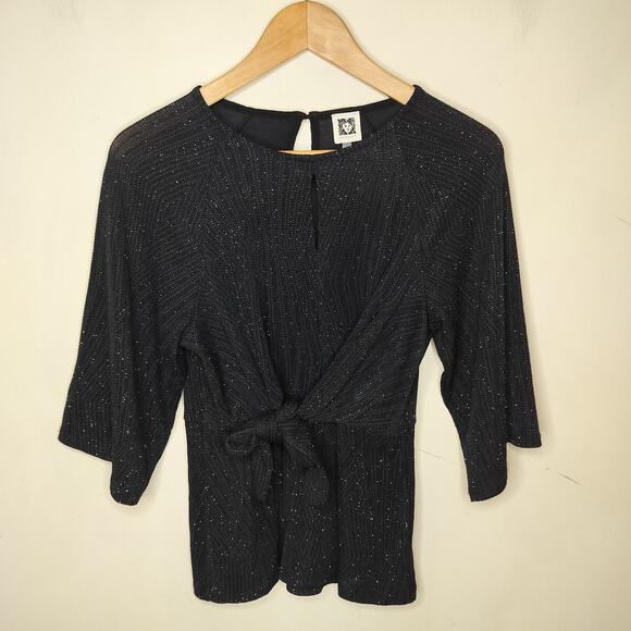 Anne Klein Tie Front Top Black Stretch Shimmery - Picture 1 of 10